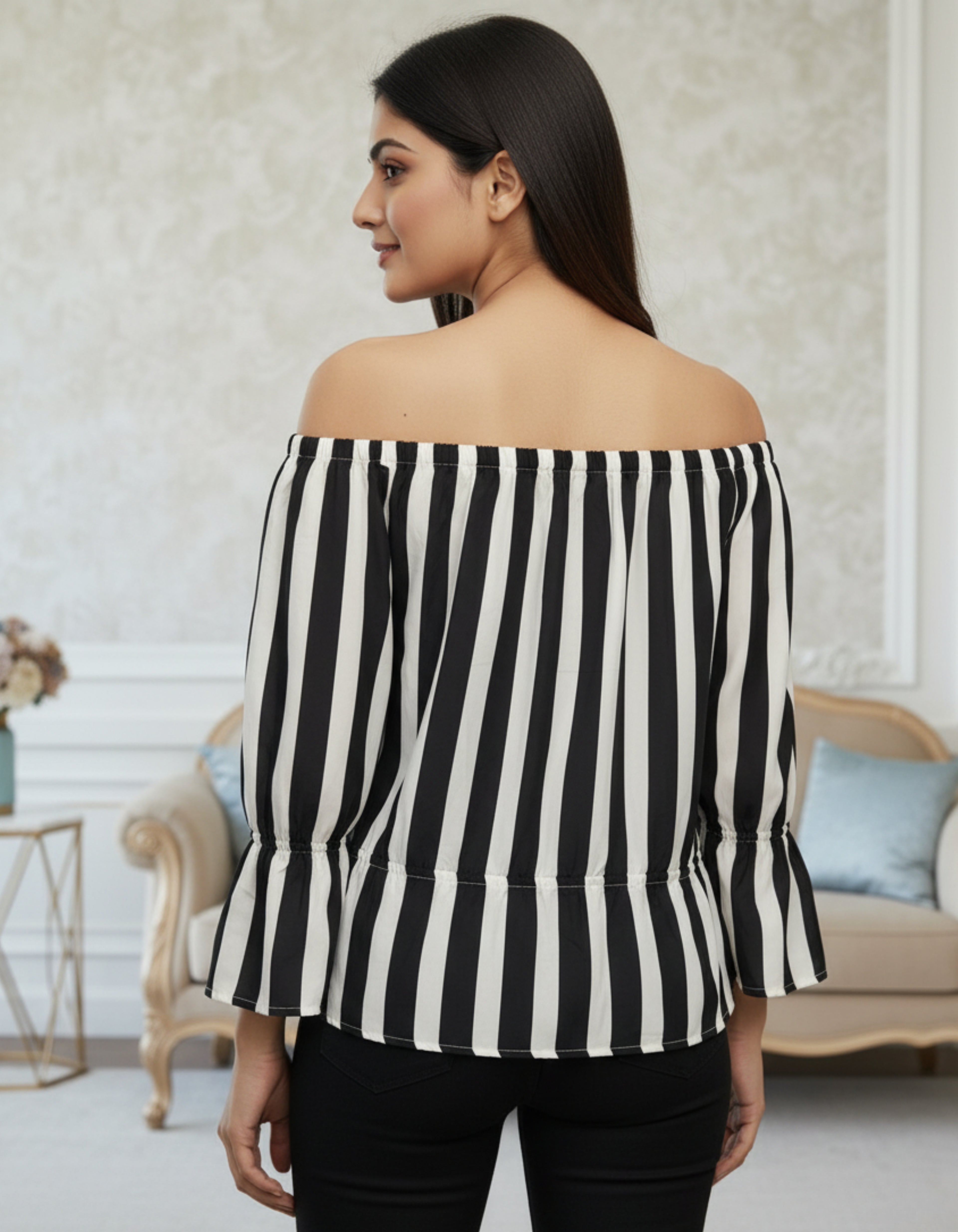Striped Off-Shoulder Top with Tie-Up Front | Viigobella