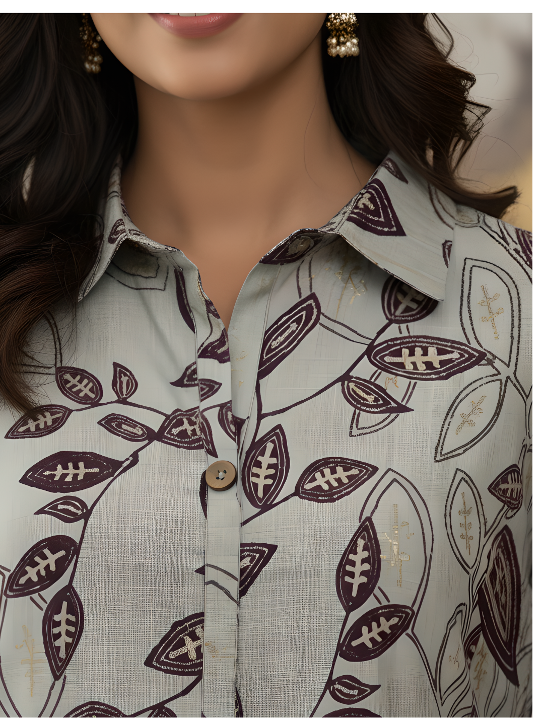 Grey Leaf Print Long Shirt Co-ord Set for Women