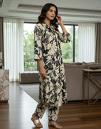 Black & Cream Abstract Long Shirt Co-ord Set in Kasturi Silk – Viigobella