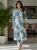 Blue Floral Long Shirt Co-ord Set for Women