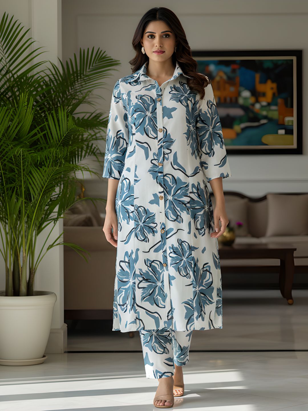 Blue Floral Long Shirt Co-ord Set for Women