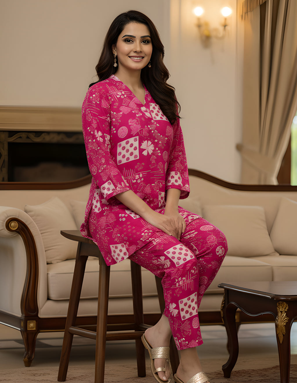 Pink Printed Cotton Kurta Pant Set for Women