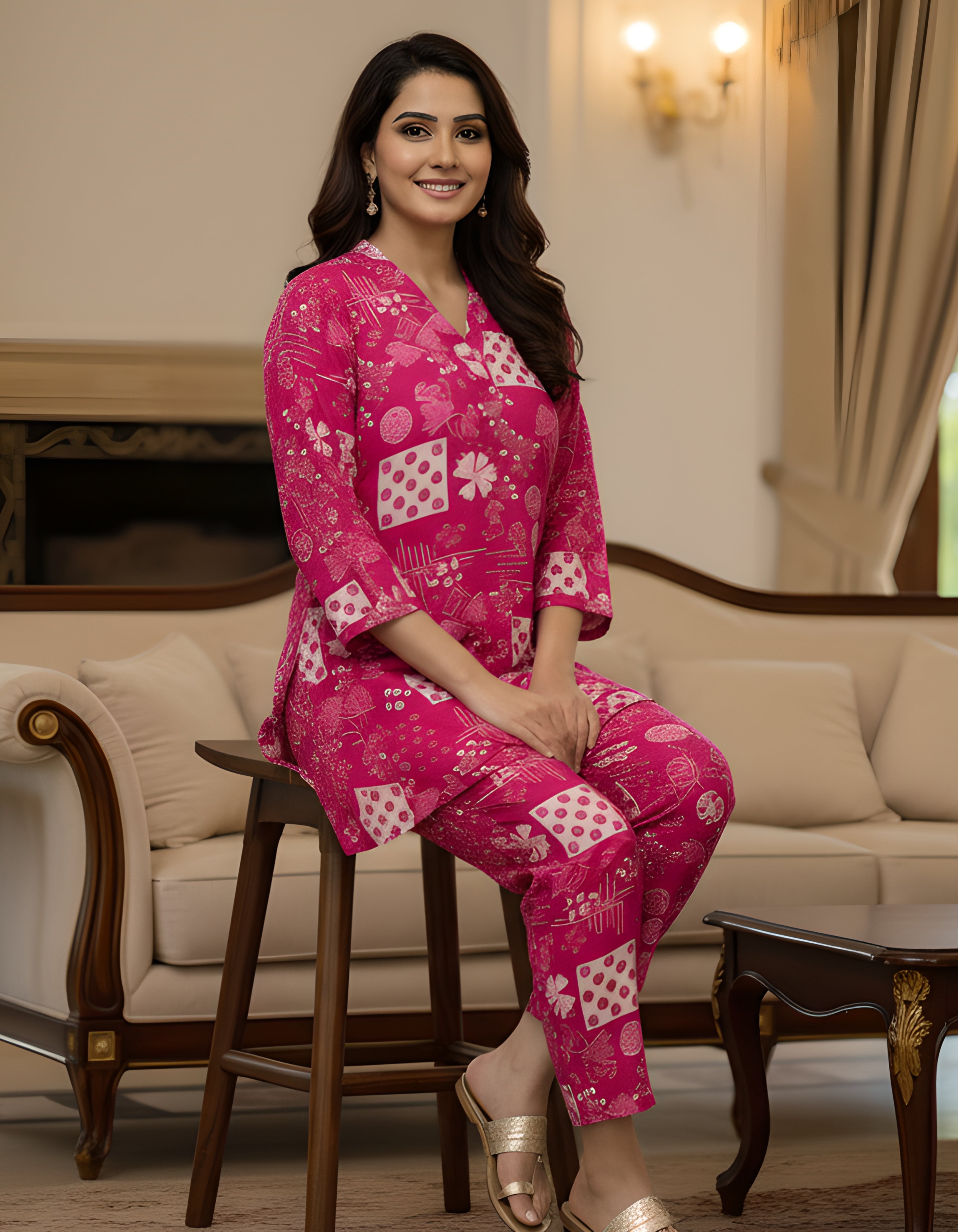 Pink Printed Cotton Kurta Pant Set for Women