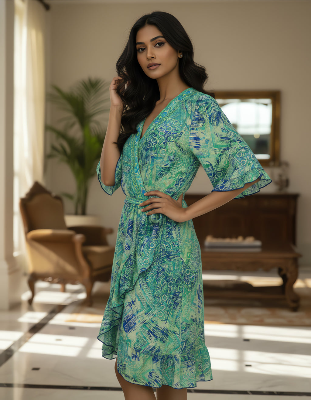Viigobella Green Abstract Printed Kasturi Silk Wrap Dress