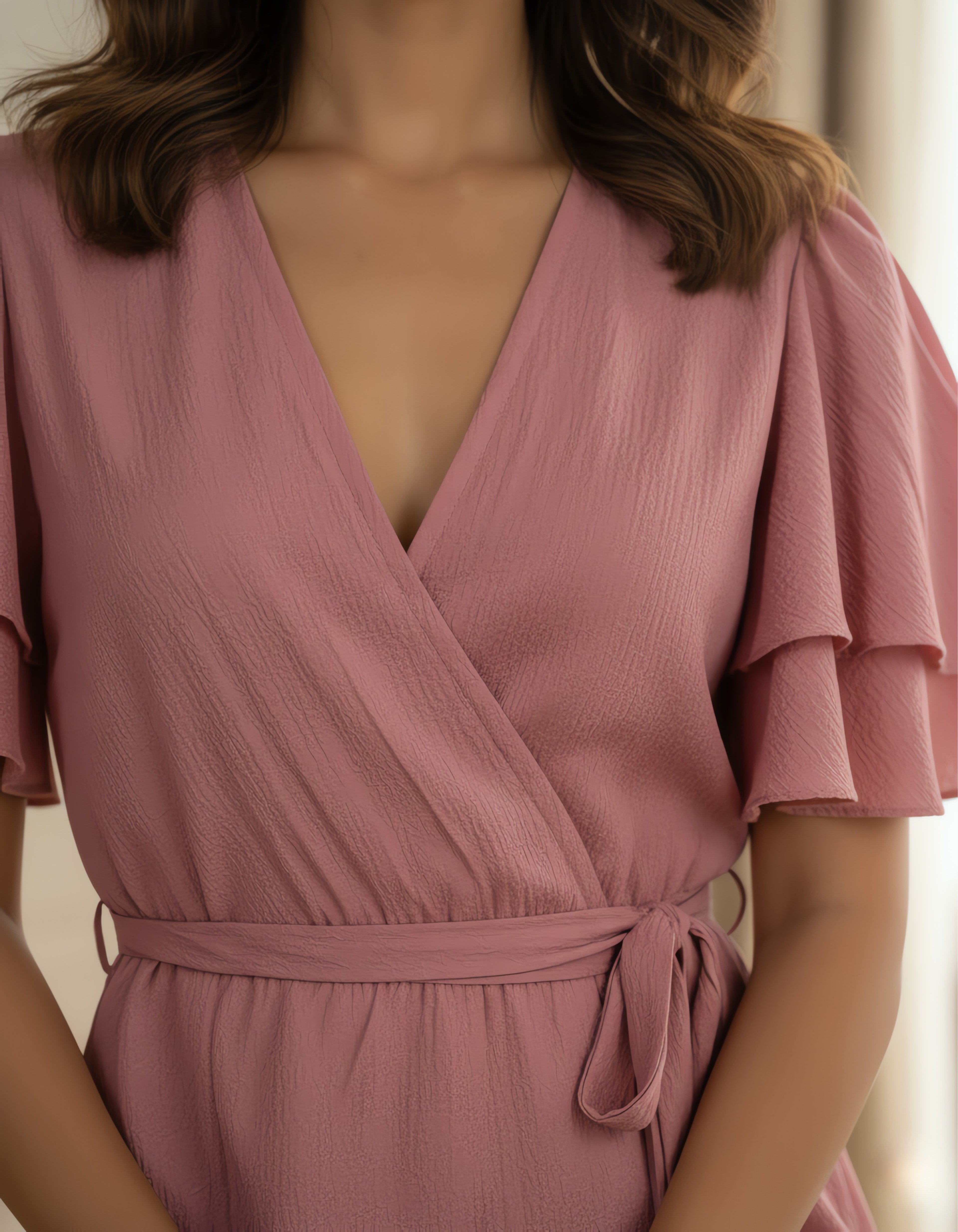 Viigobella Rose Pink Delta Fabric Wrap Dress with Layered Ruffle Sleeves