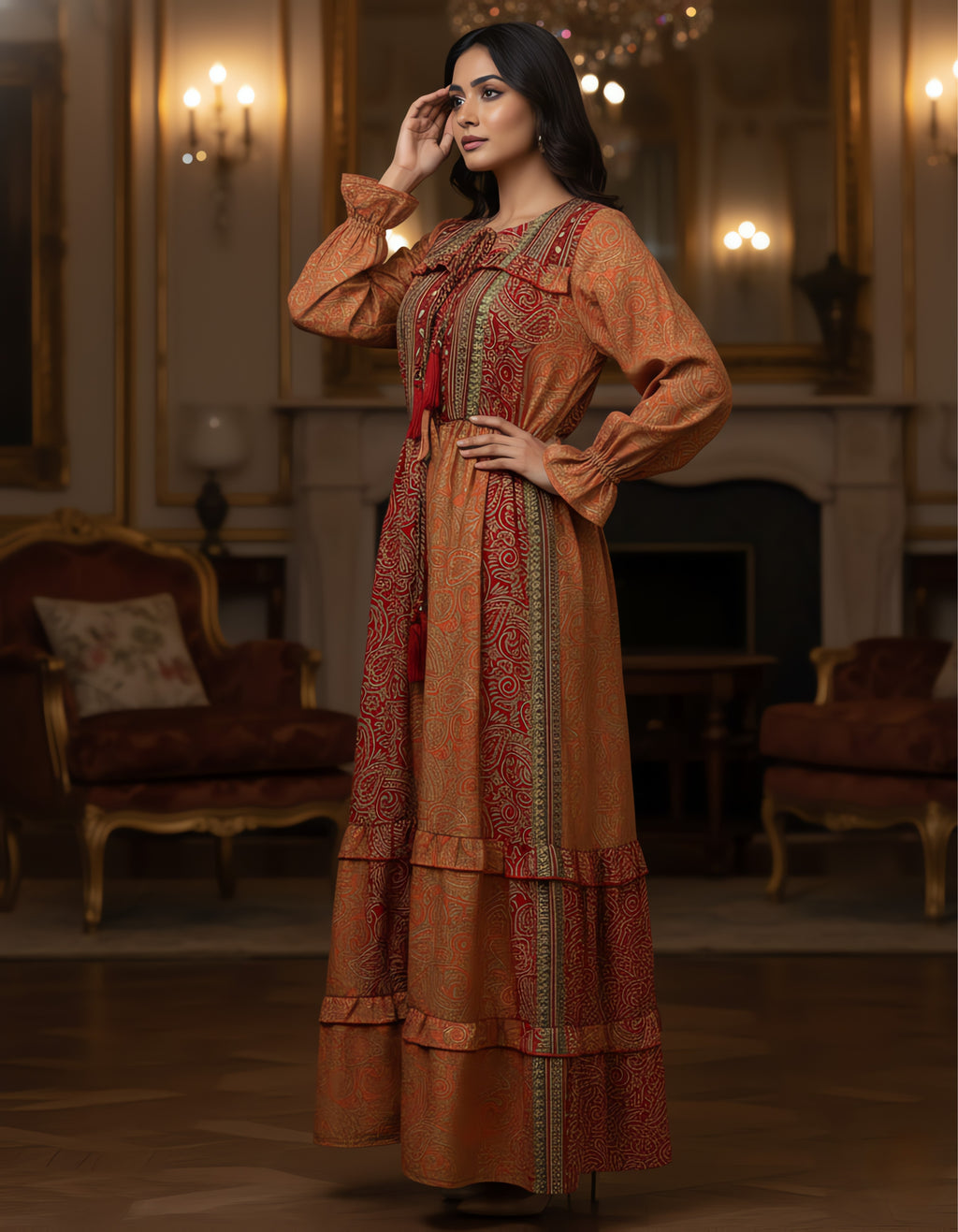 Viigobella Premium Kasturi Silk Printed Tiered Maxi Dress with Tassel Detail