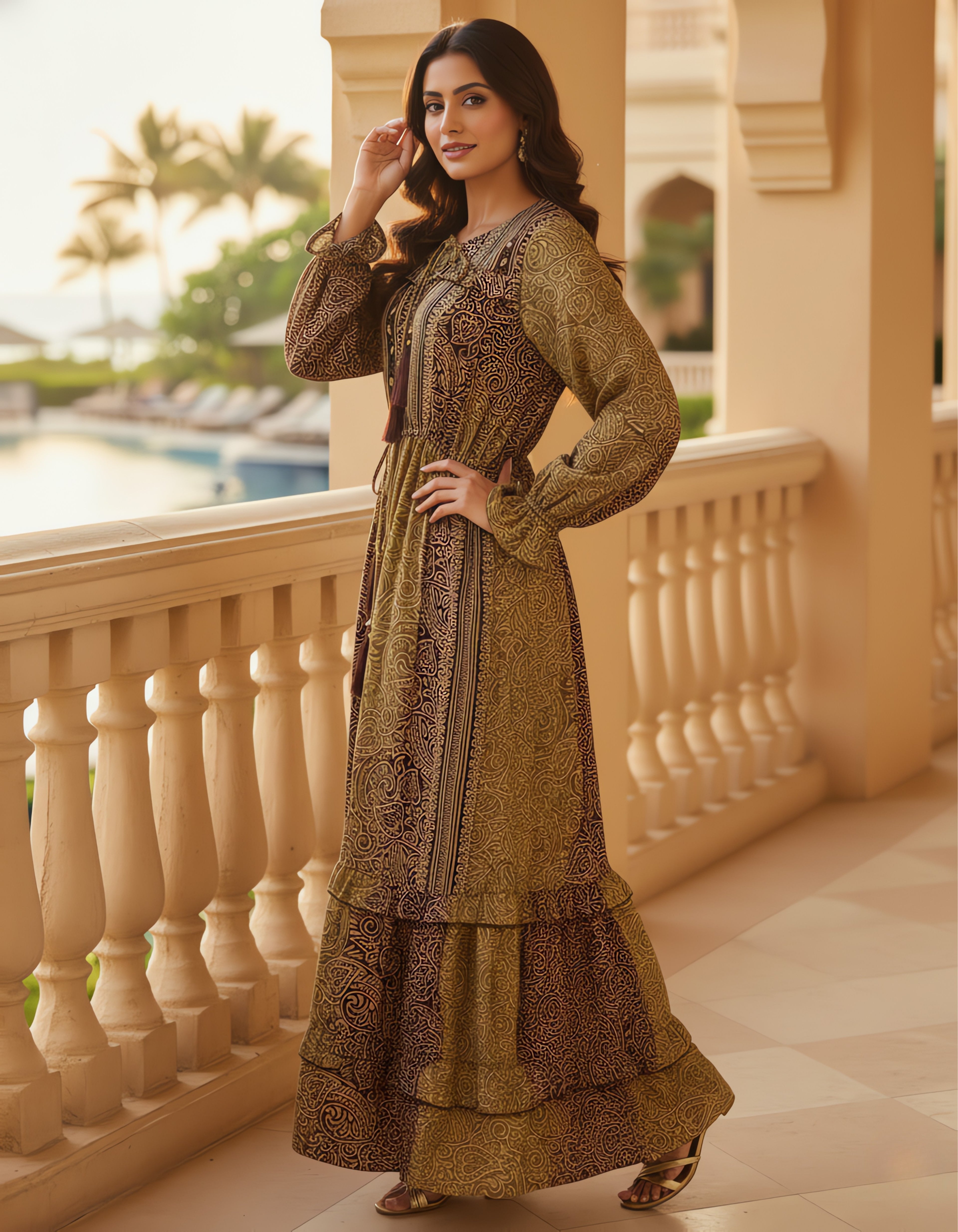 Viigobella Premium Kasturi Silk Printed Tiered Maxi Dress with Tassel Tie-Up