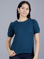 Viigobella Women’s Puff Sleeve Top in Teal Blue Cotton Fabric