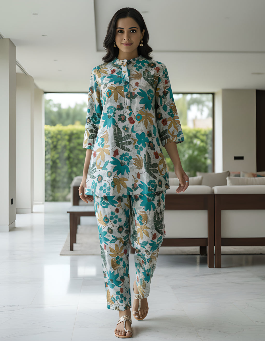Women’s Teal Floral Printed Co-ord Set – Vertigen Fabric