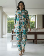 Women’s Teal Floral Printed Co-ord Set – Vertigen Fabric