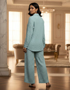 Women’s Aqua Blue Textured Button-Down Co-ord Set