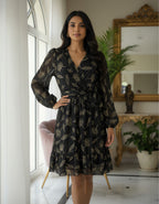 Black Georgette Lurex Floral Wrap Dress with Tiered Hem