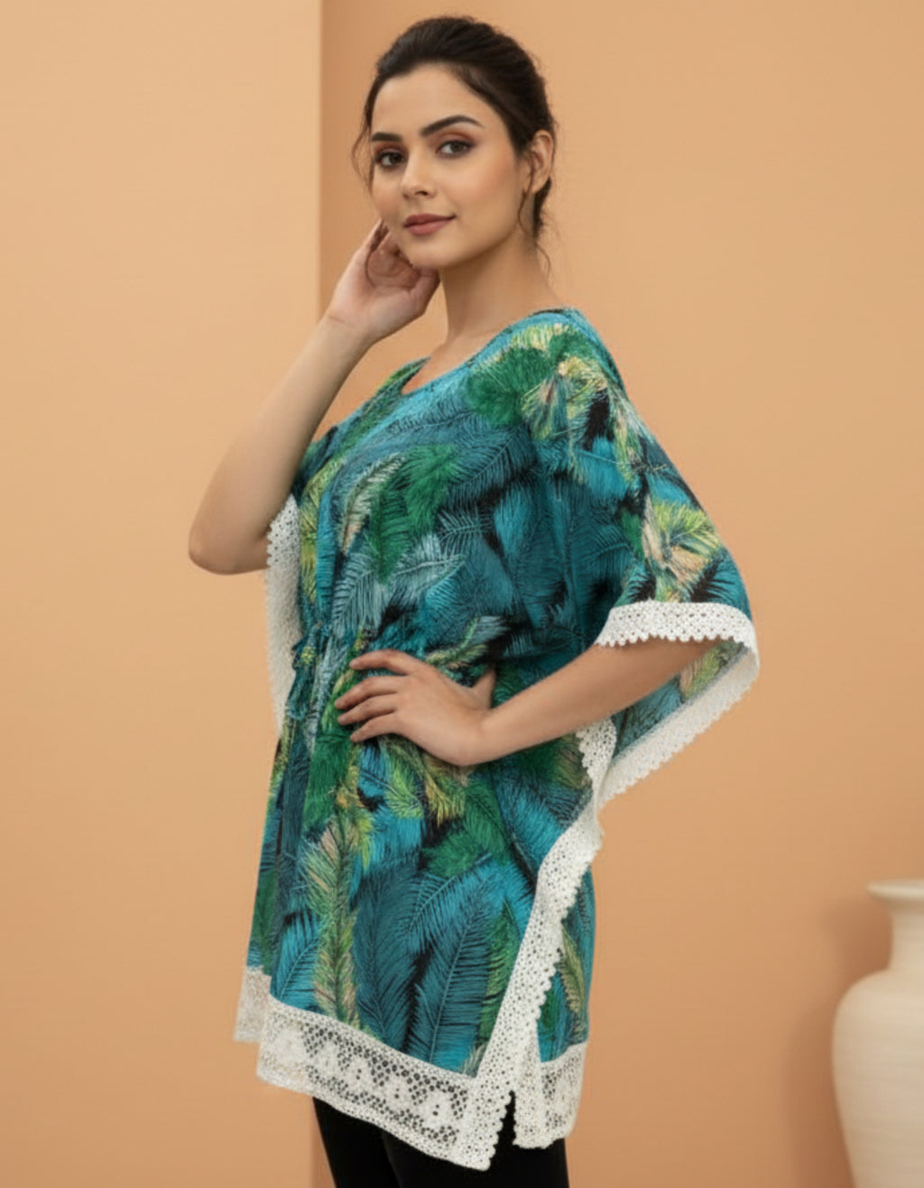 Tropical Printed Crepe Top with Lace Detailing | Stylish Casual Wear | Viigobella
