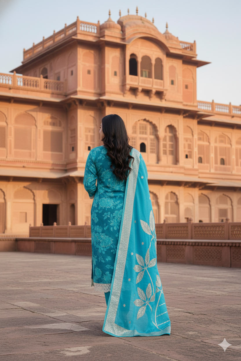 ViigoBella Vertigan Fabric Embroidered Straight Suit with Dupatta – Turquoise Royal Edition