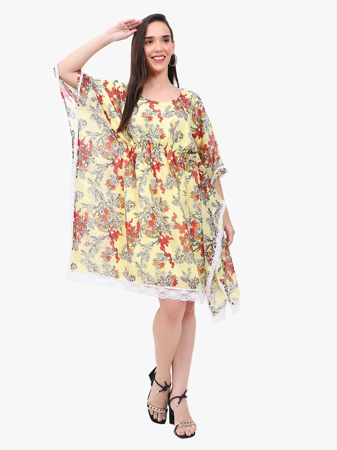 Women’s Printed Georgette Kaftan Dress with Lace Hem – Export Quality