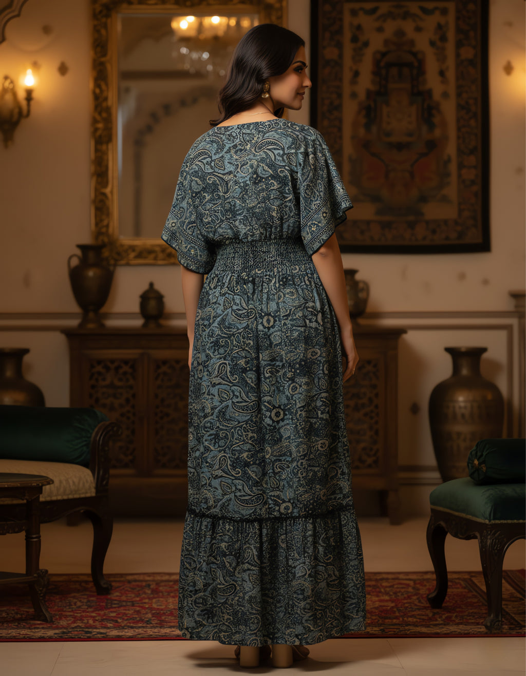 Viigobella Premium Kasturi Silk Printed Maxi Dress with Smocked Waist