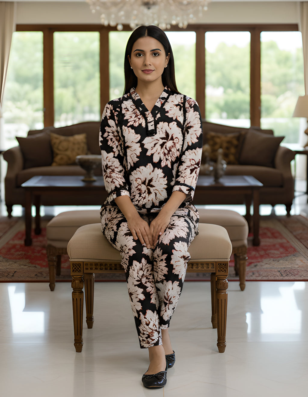 Women’s Black Floral Printed Co-ord Set – Vertigen Fabric