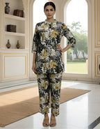 Women’s Black & Mustard Abstract Floral Co-ord Set – Vertigen Fabric