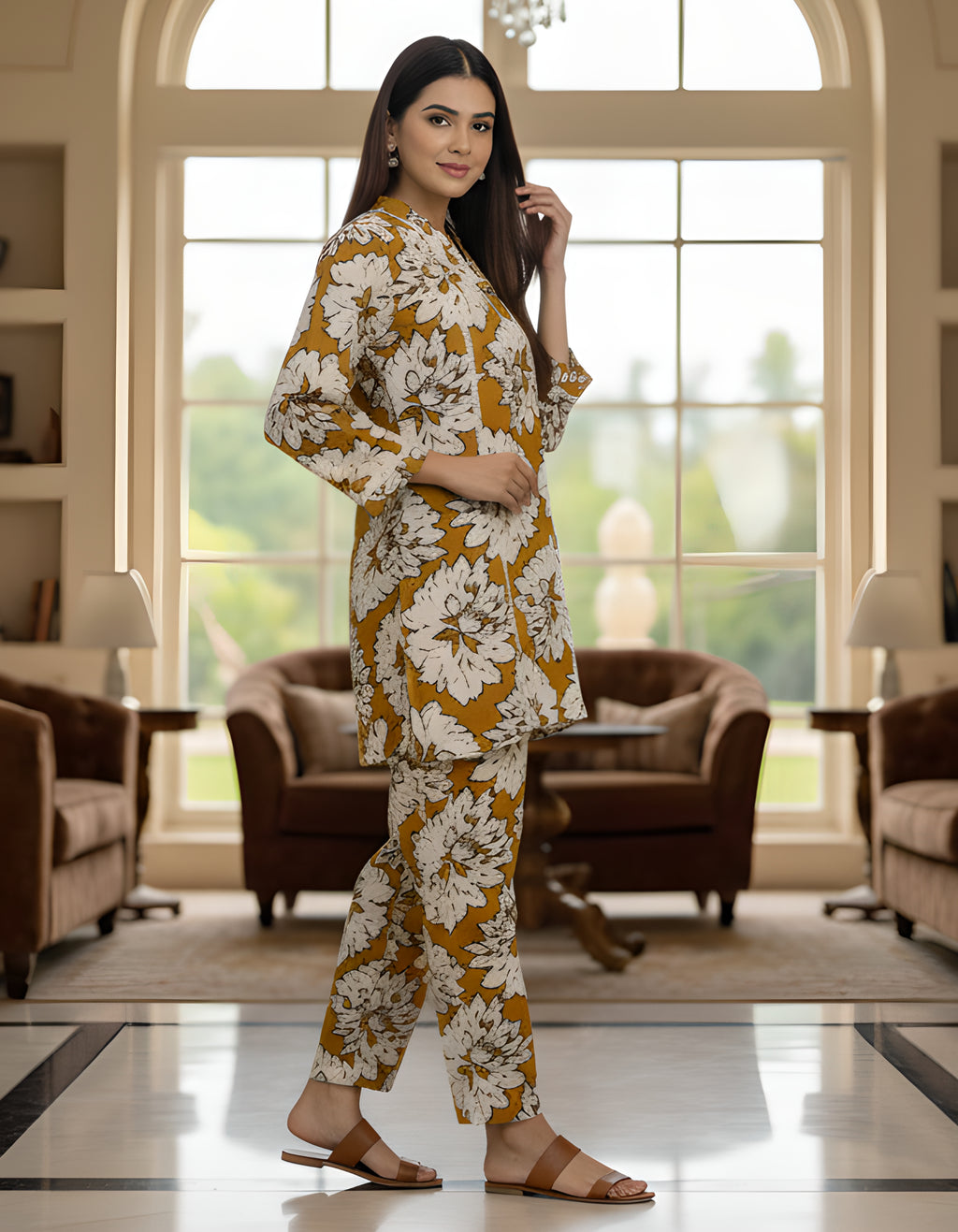 Women’s Mustard Floral Printed Co-ord Set – Vertigen Fabric