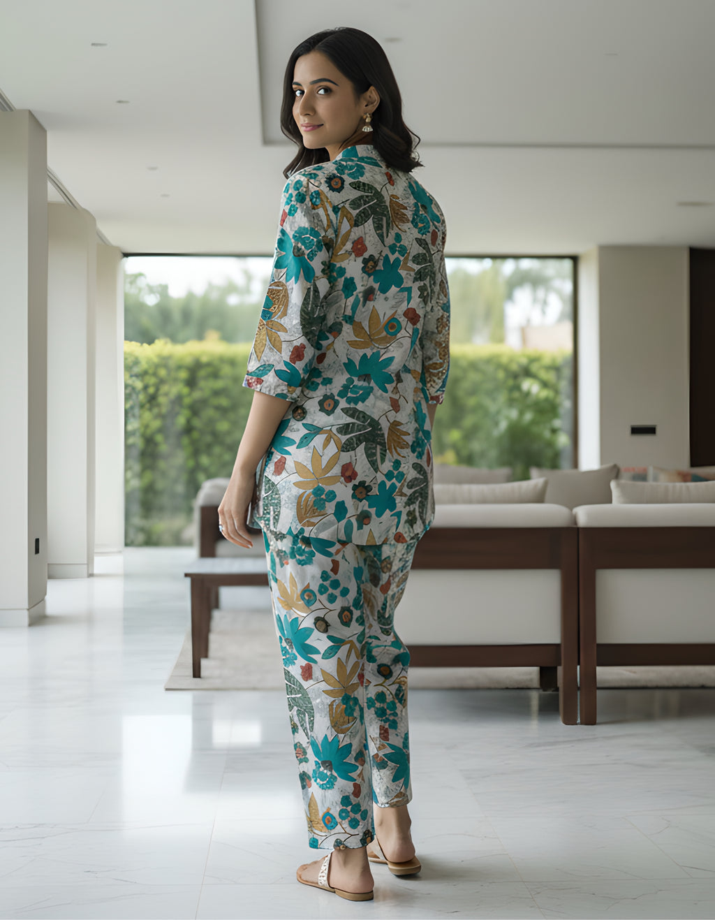Women’s Teal Floral Printed Co-ord Set – Vertigen Fabric