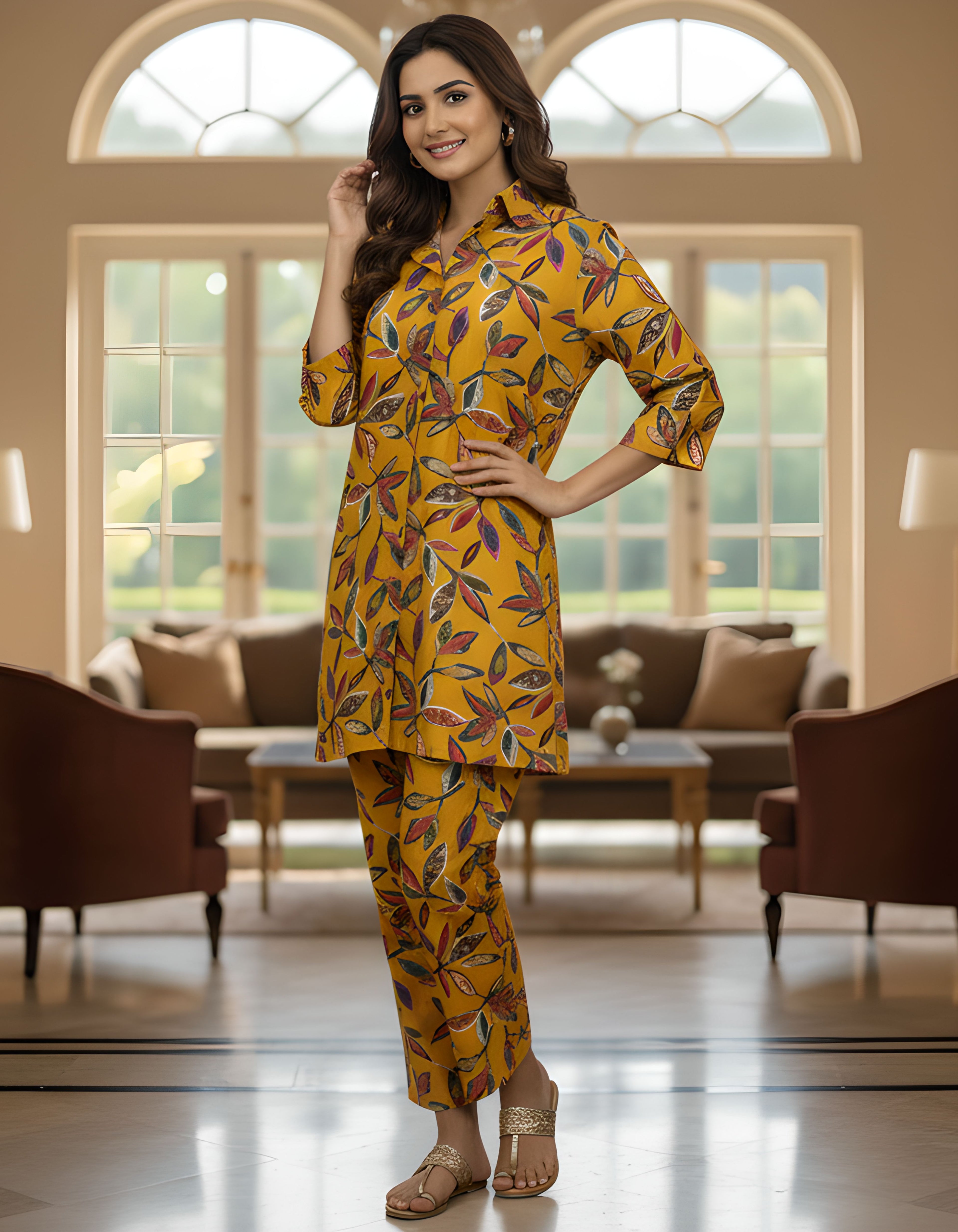 Women’s Mustard Leaf Printed Co-ord Set – Vertigen Fabric