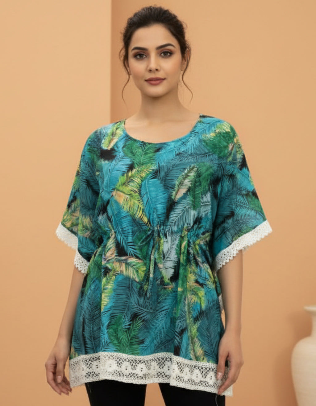 Tropical Printed Crepe Top with Lace Detailing | Stylish Casual Wear | Viigobella