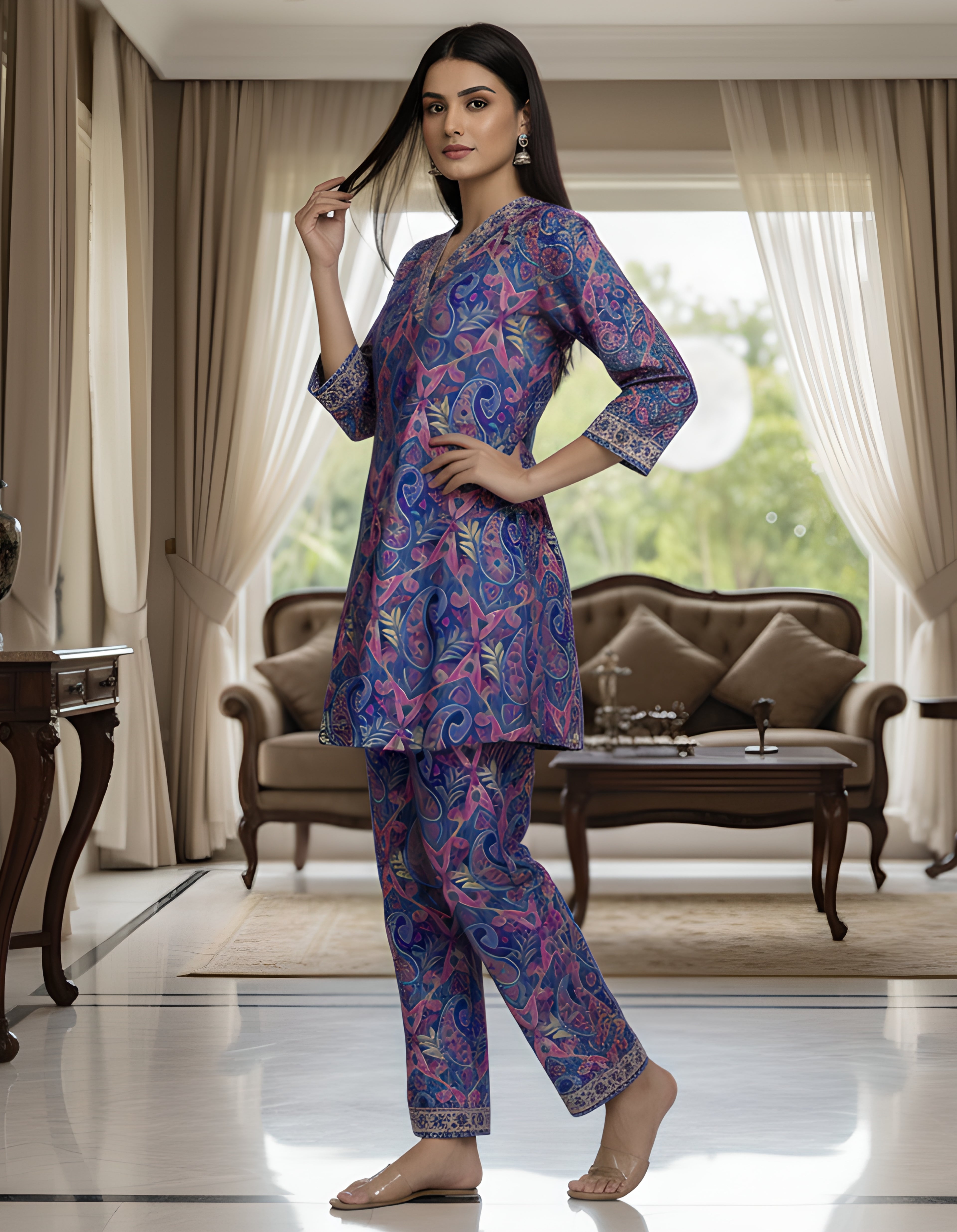 Premium Paisley Print Kasturi Silk Co-ord Set with Designer Neck & Cuff Detailing