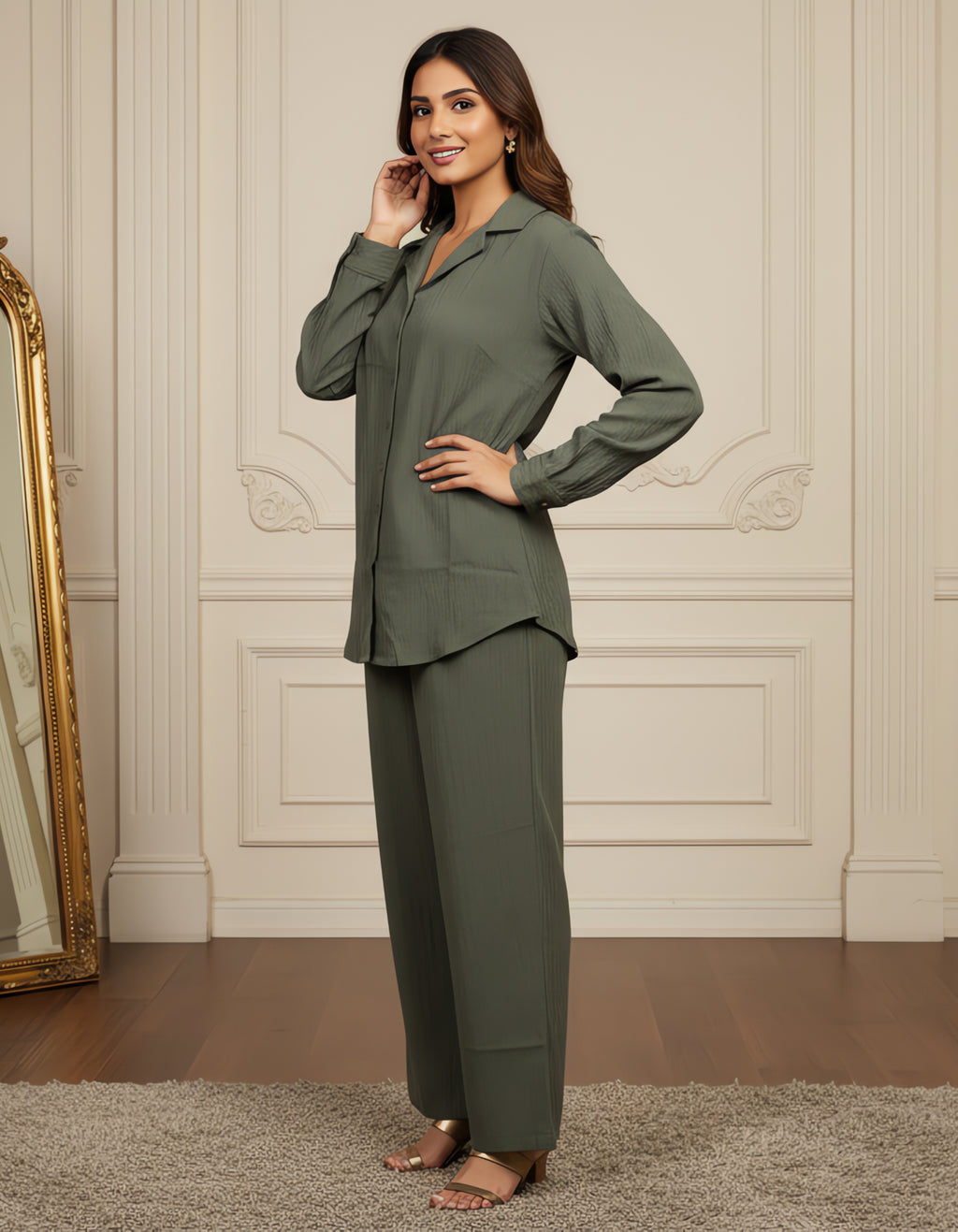 Women’s Premium Olive Green Textured Button-Down Co-ord Set