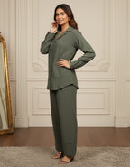 Women’s Premium Olive Green Textured Button-Down Co-ord Set