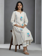 Blue Floral Embroidered Cotton Kurta Pant Set for Women