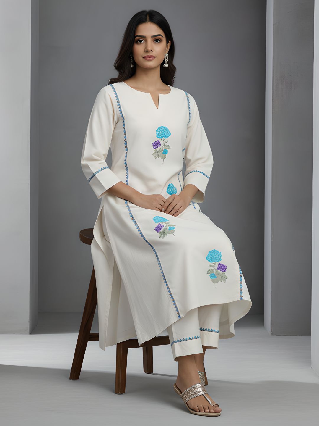 Blue Floral Embroidered Cotton Kurta Pant Set for Women