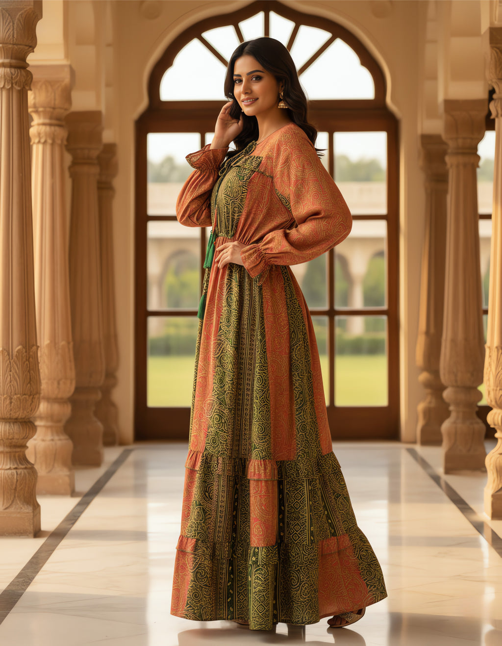 Viigobella Printed Boho Tiered Maxi Dress in Kasturi Silk