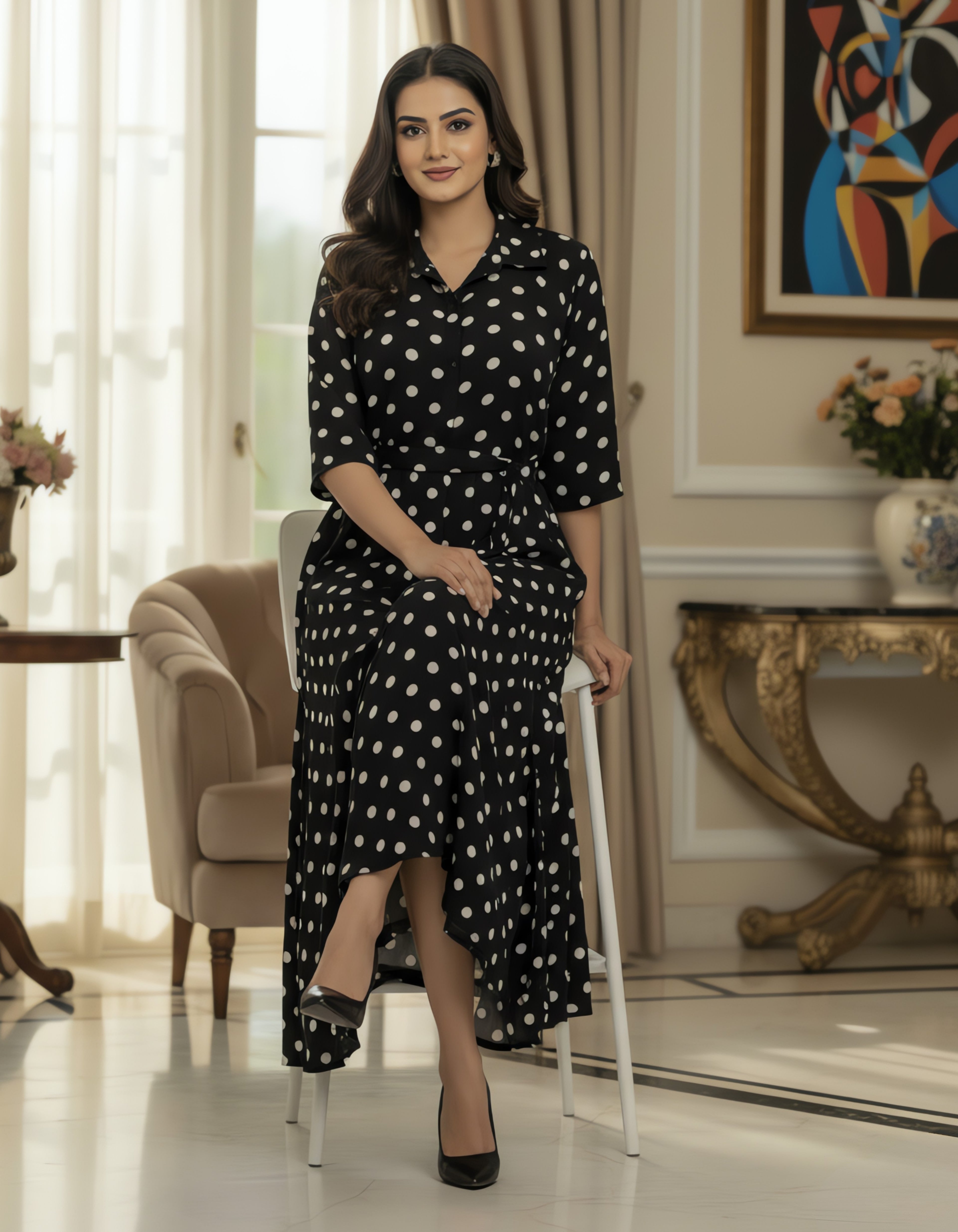 Viigobella Black & White Polka Dot Crepe Button-Down Maxi Dress