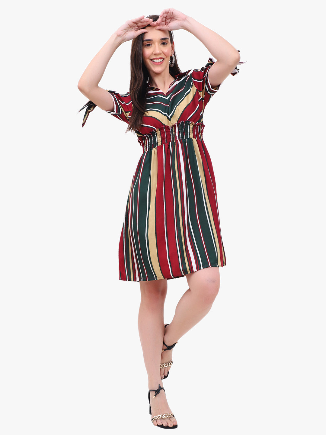 Viigobella Women’s Striped Crepe Dress with Smocked Waist – Export Quality