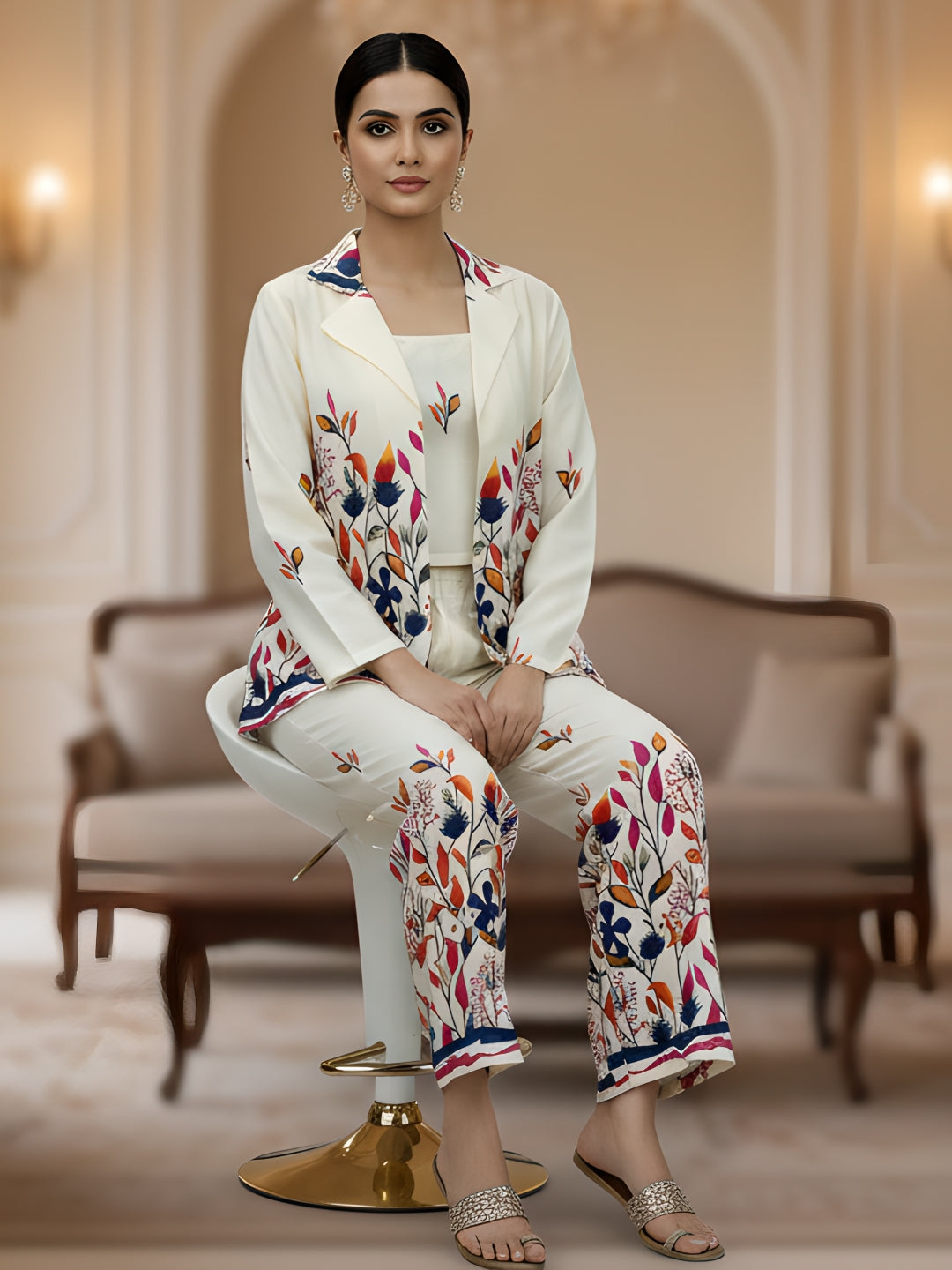 Premium Multicolor Floral Cotton Blazer Co-ord Set for Women (3-Piece)