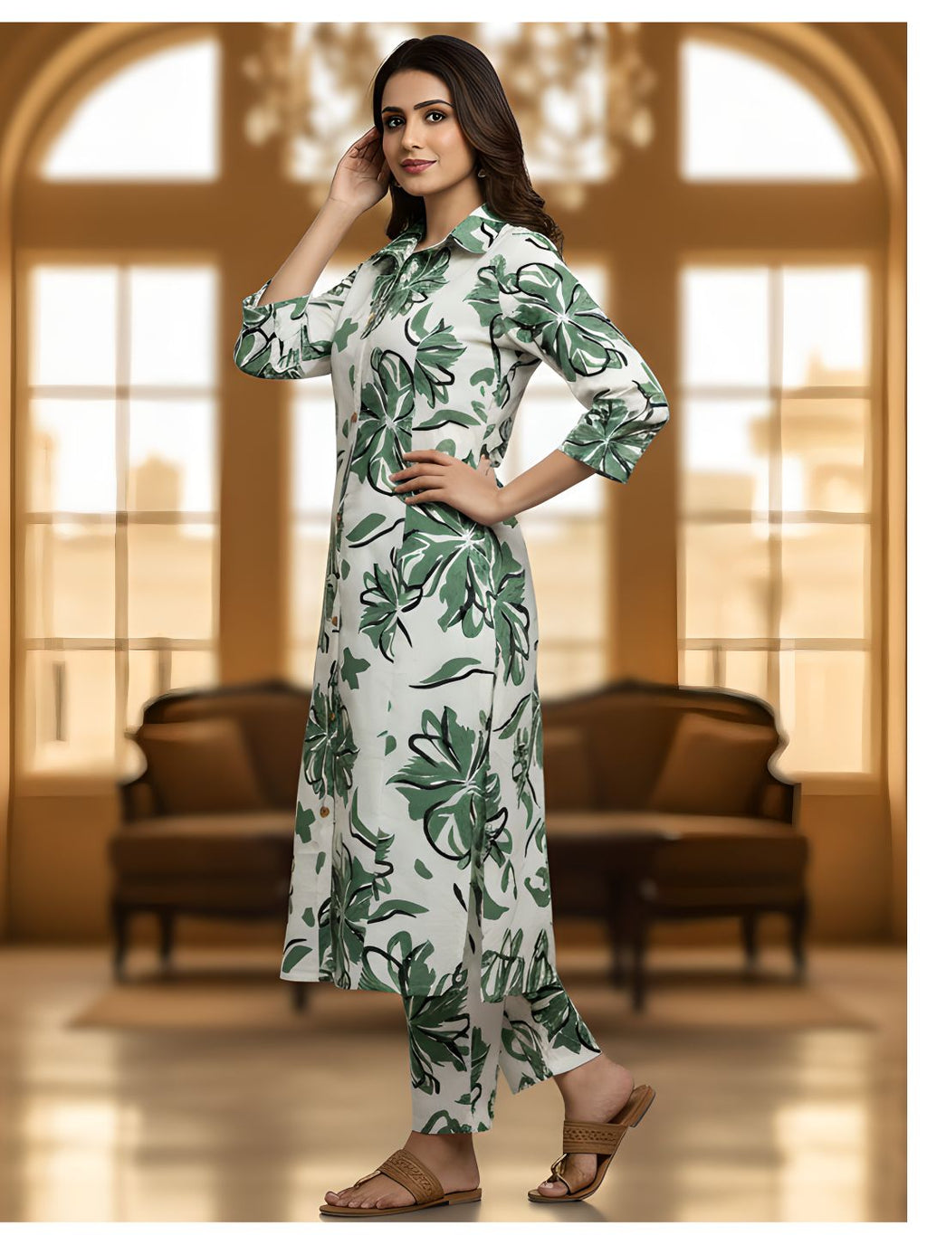 Green Floral Long Shirt Co-ord Set for Women