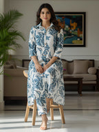 Blue Floral Long Shirt Co-ord Set for Women