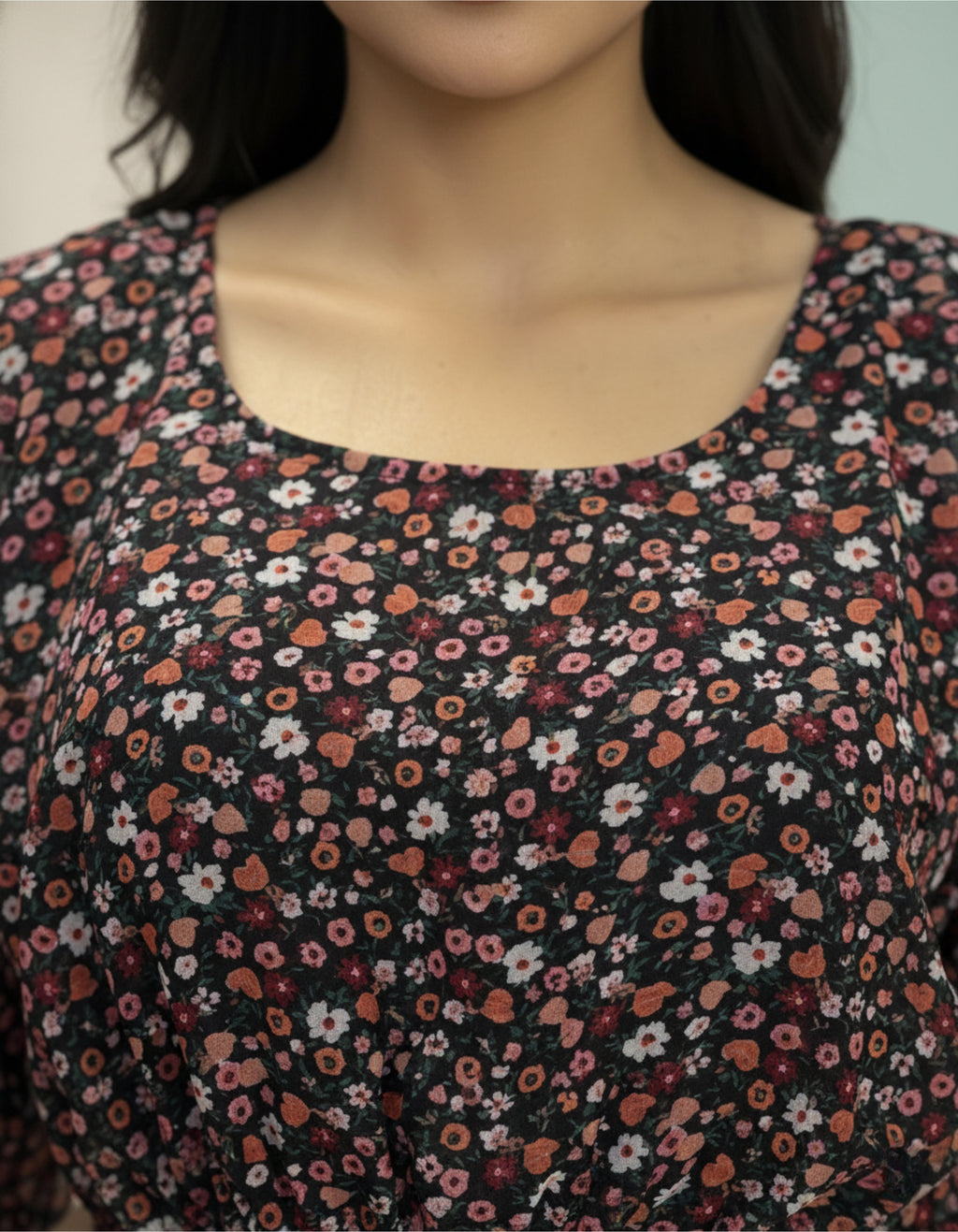 Black Floral Georgette Kaftan Top with Lace Hem | Viigobella