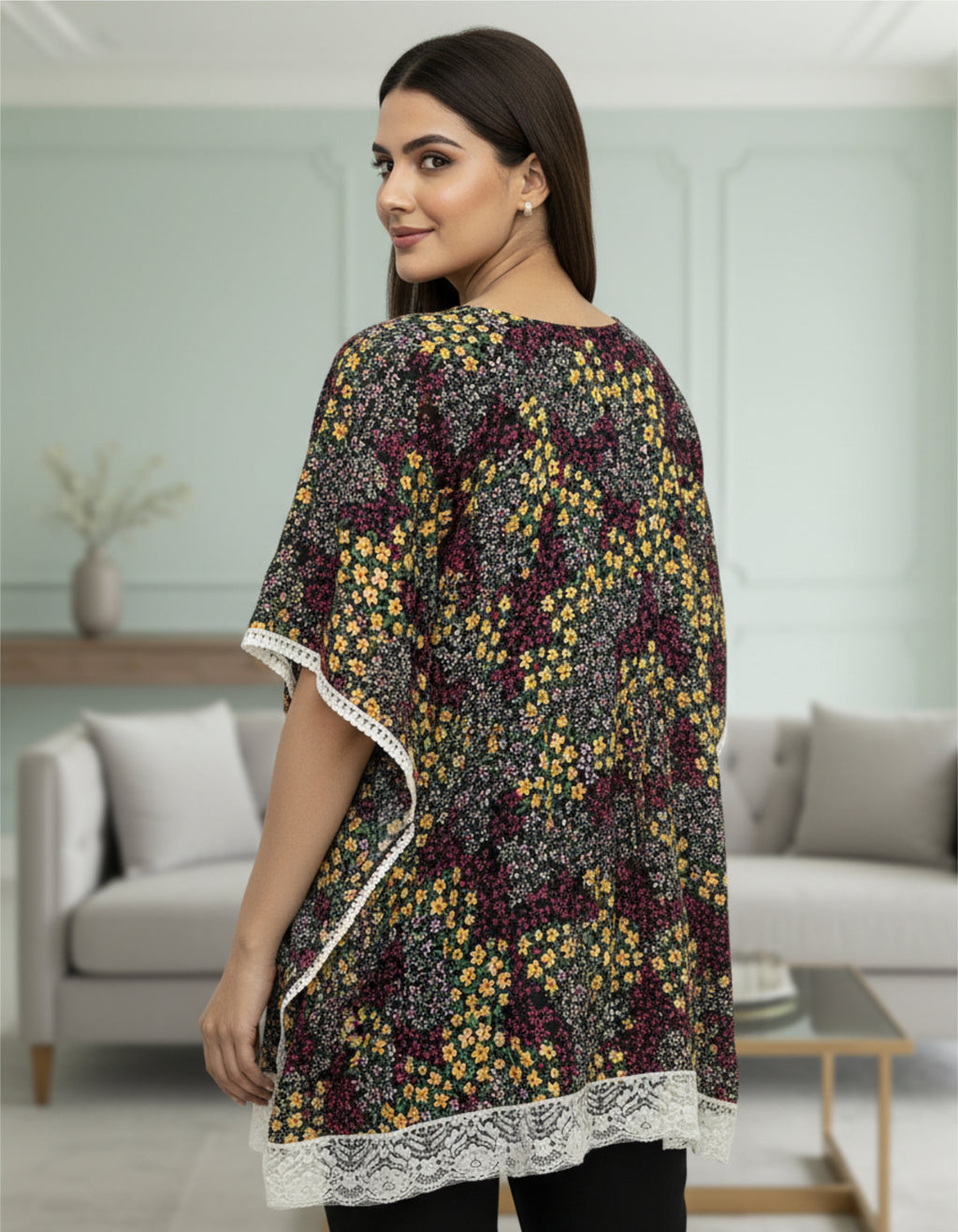 Floral Printed Kaftan Top with Lace Border | Elegant Casual Wear | Viigobella