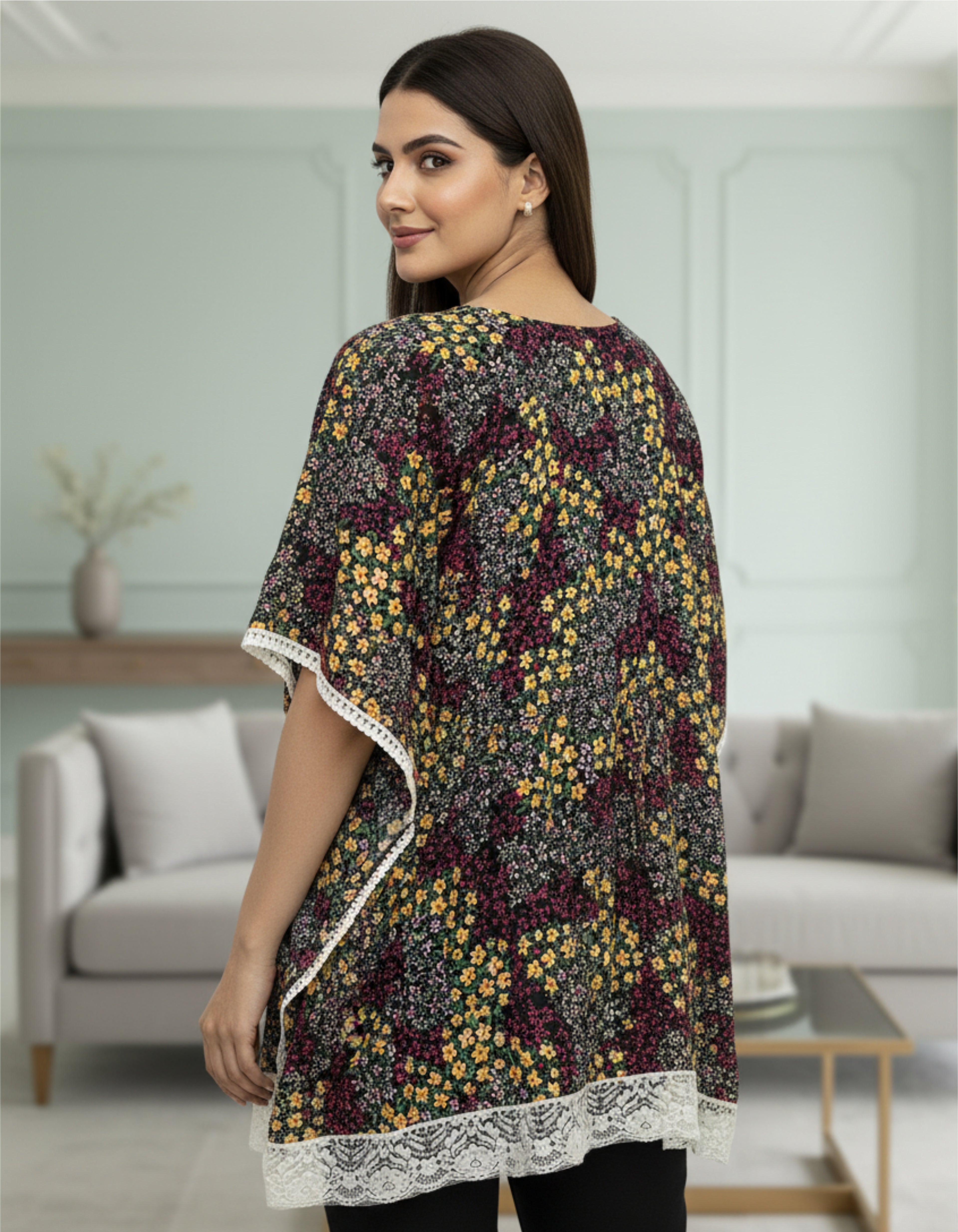 Floral Printed Kaftan Top with Lace Border | Elegant Casual Wear | Viigobella