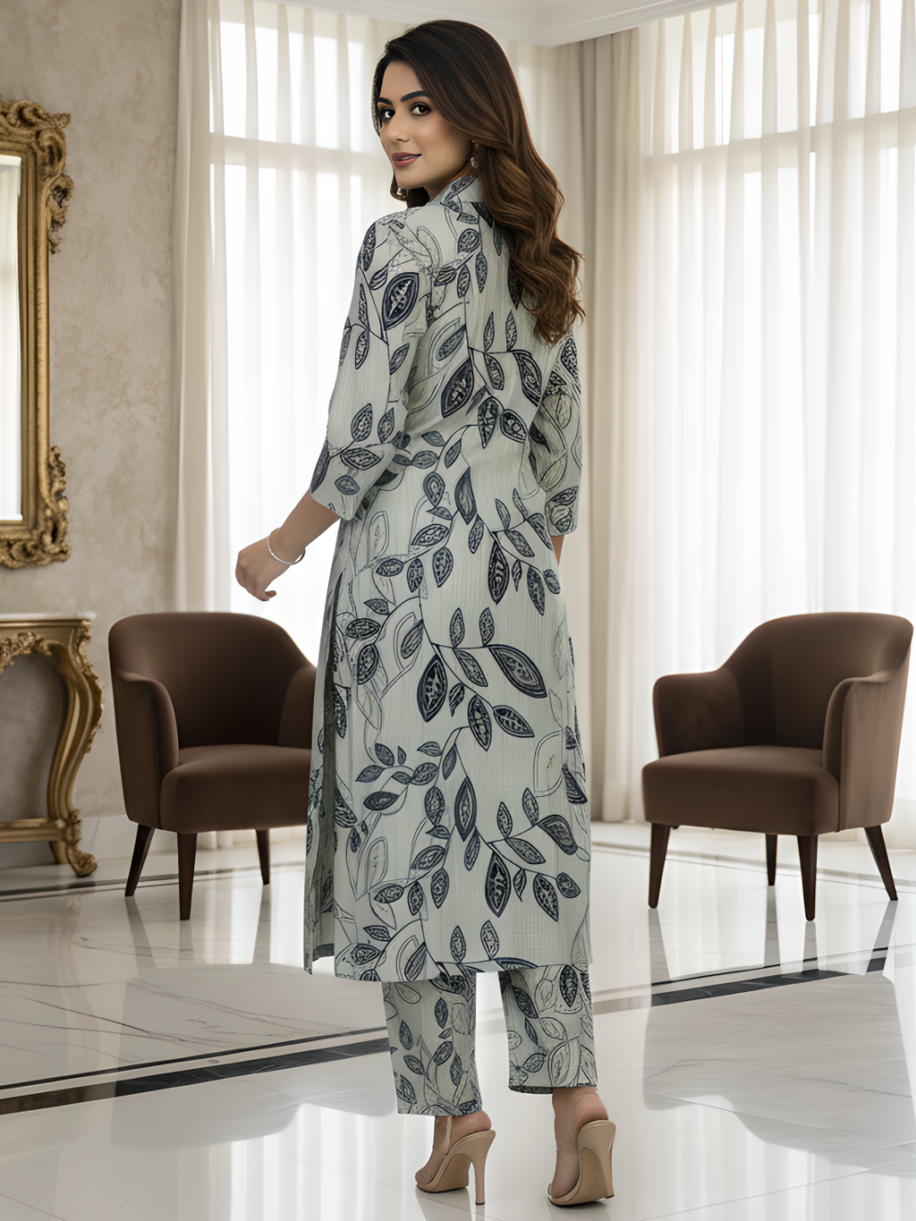 Blue Leaf Print Long Shirt Co-ord Set for Women