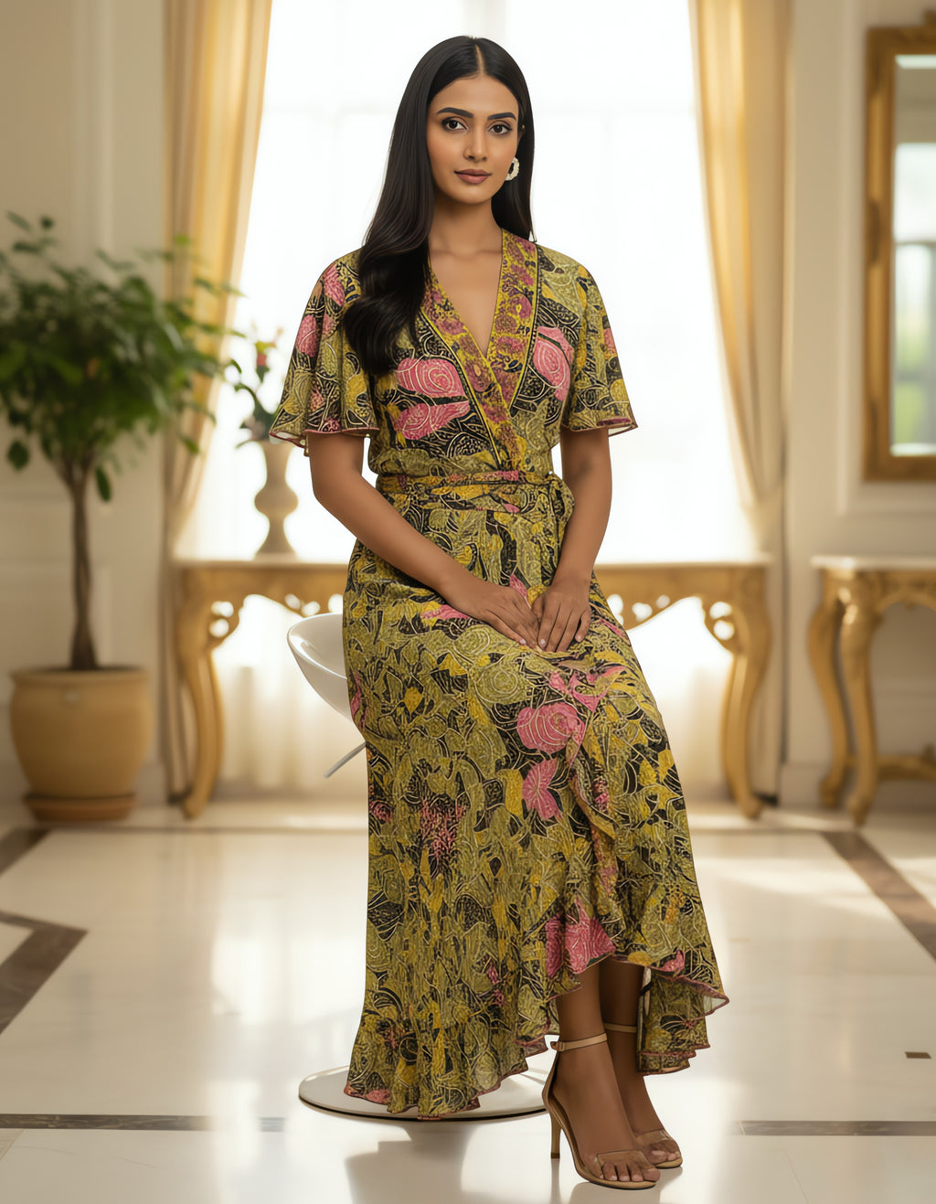 Viigobella Kasturi Silk Yellow Floral Wrap-Style Maxi Dress