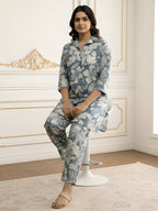 Blue Pastel Floral Long Shirt Co-ord Set for Women