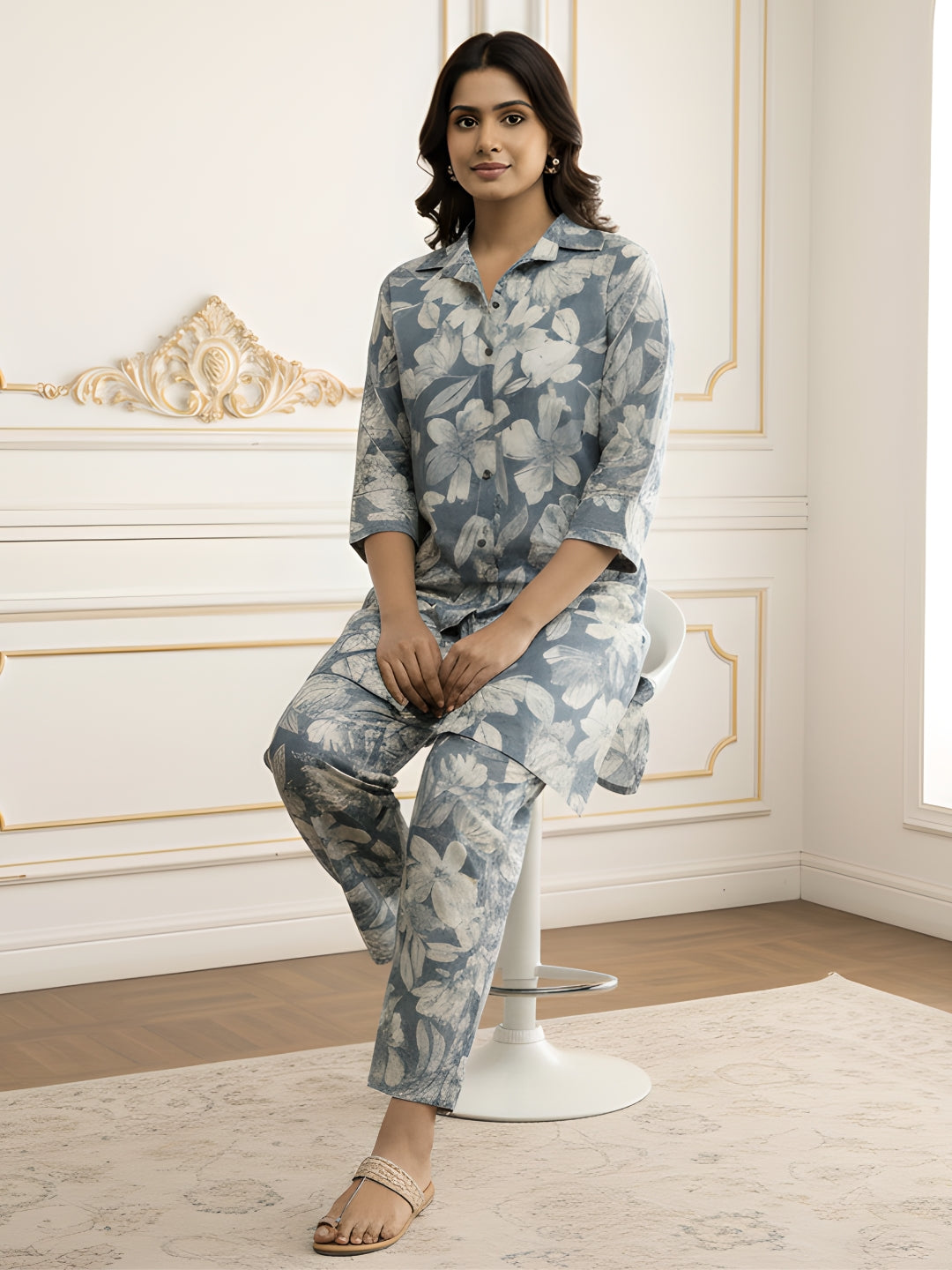 Blue Pastel Floral Long Shirt Co-ord Set for Women