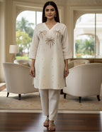 Elegant Embroidered Ivory Cotton Cord Set for Women