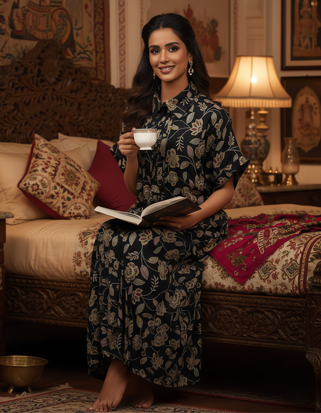 Viigobella Vertigen Fabric Black Botanical Printed Shirt-Style Long Dress