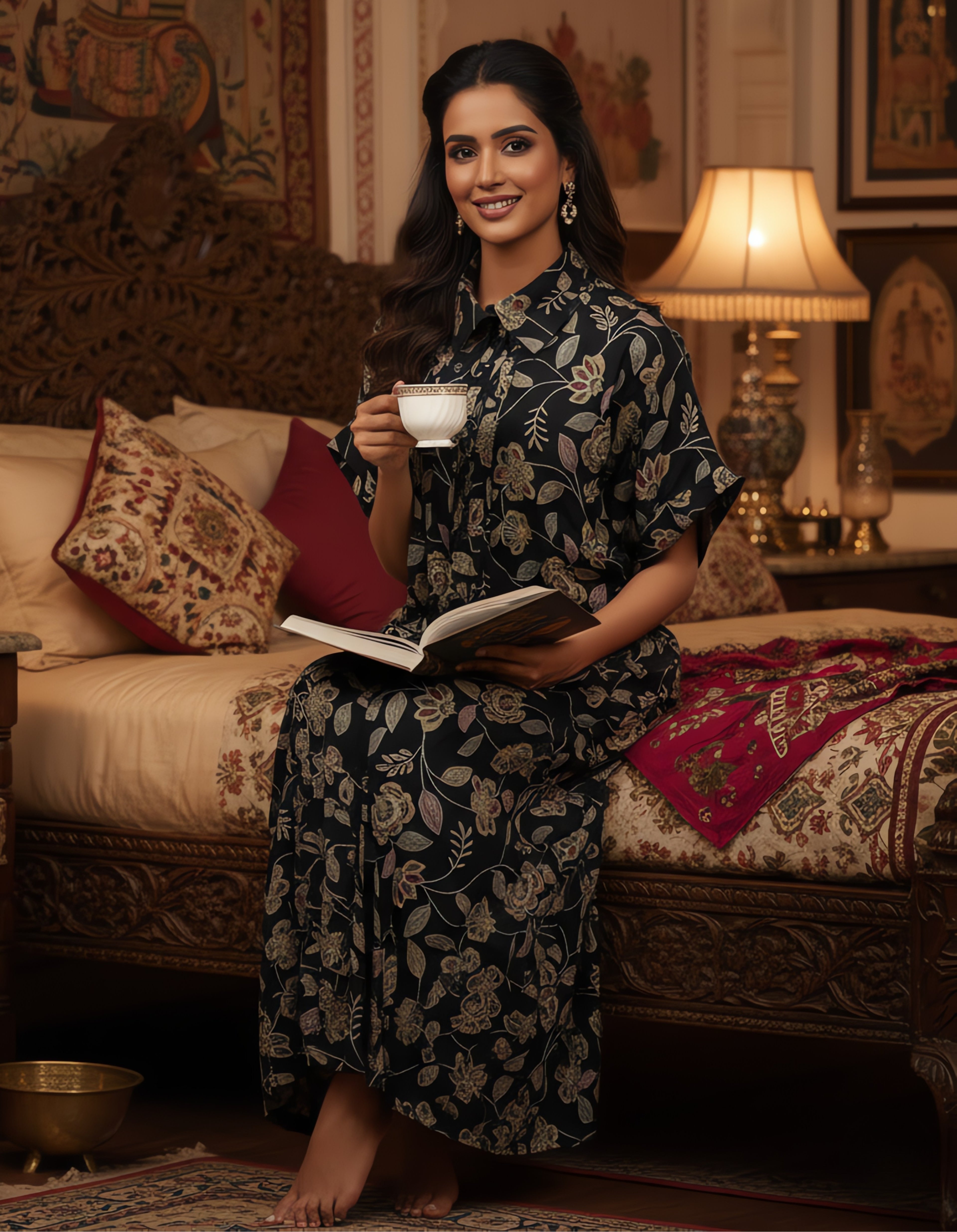 Viigobella Vertigen Fabric Black Botanical Printed Shirt-Style Long Dress