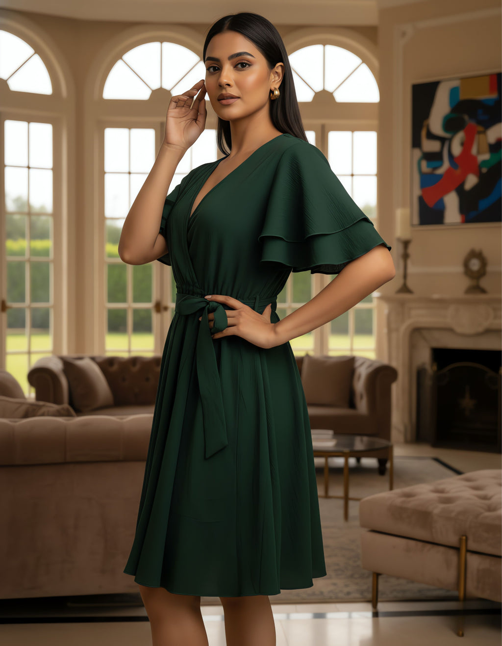 Viigobella Solid Rayon Crepe Wrap Dress with Layered Ruffle Sleeves