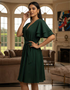 Viigobella Solid Rayon Crepe Wrap Dress with Layered Ruffle Sleeves
