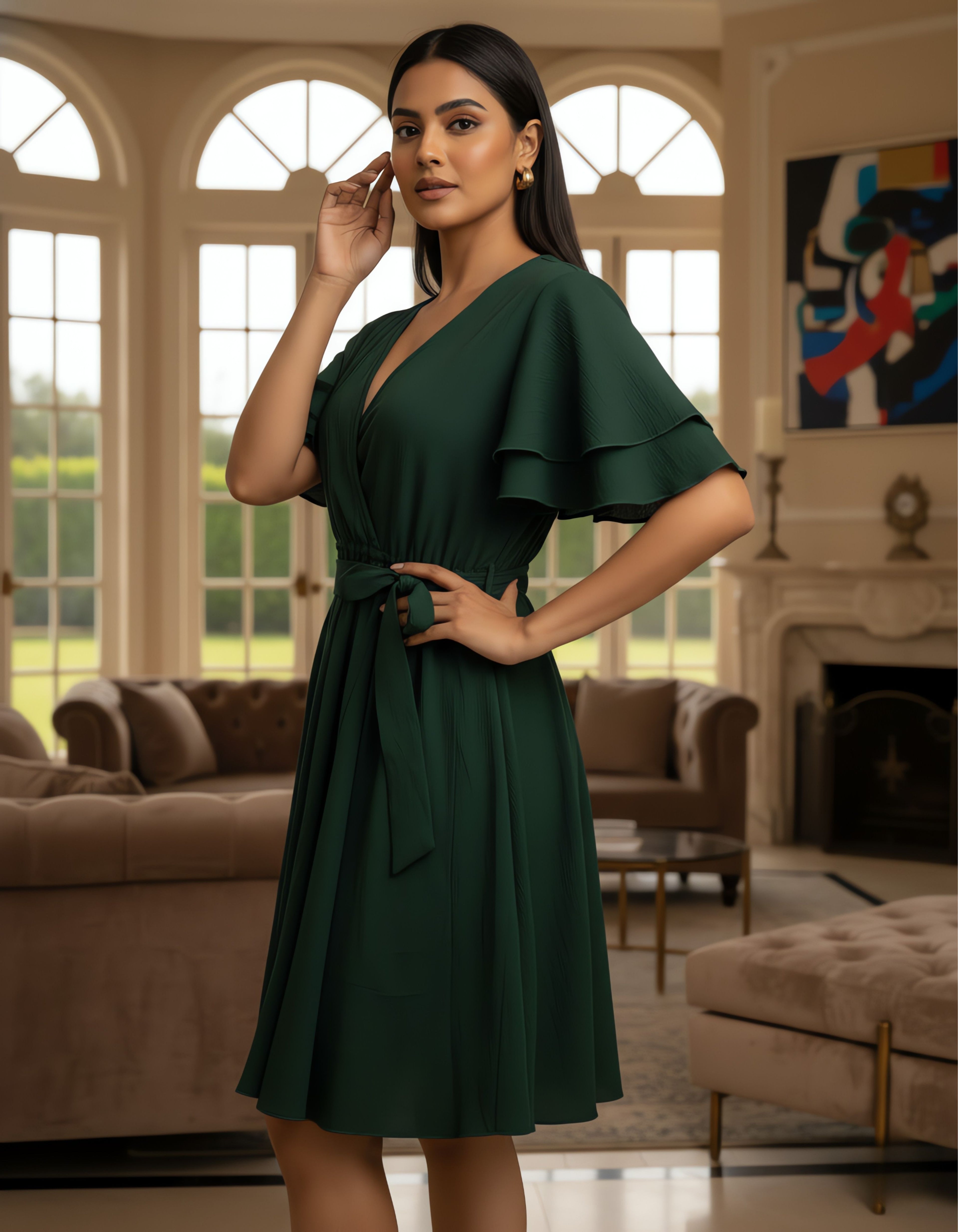 Viigobella Solid Rayon Crepe Wrap Dress with Layered Ruffle Sleeves